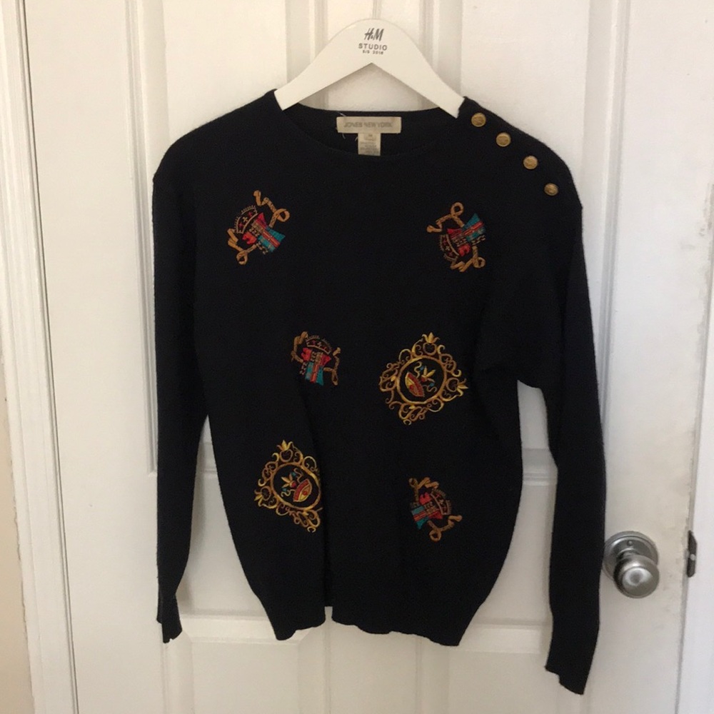 JONES NEW YORK EMBROIDERED NAVY SWEATER